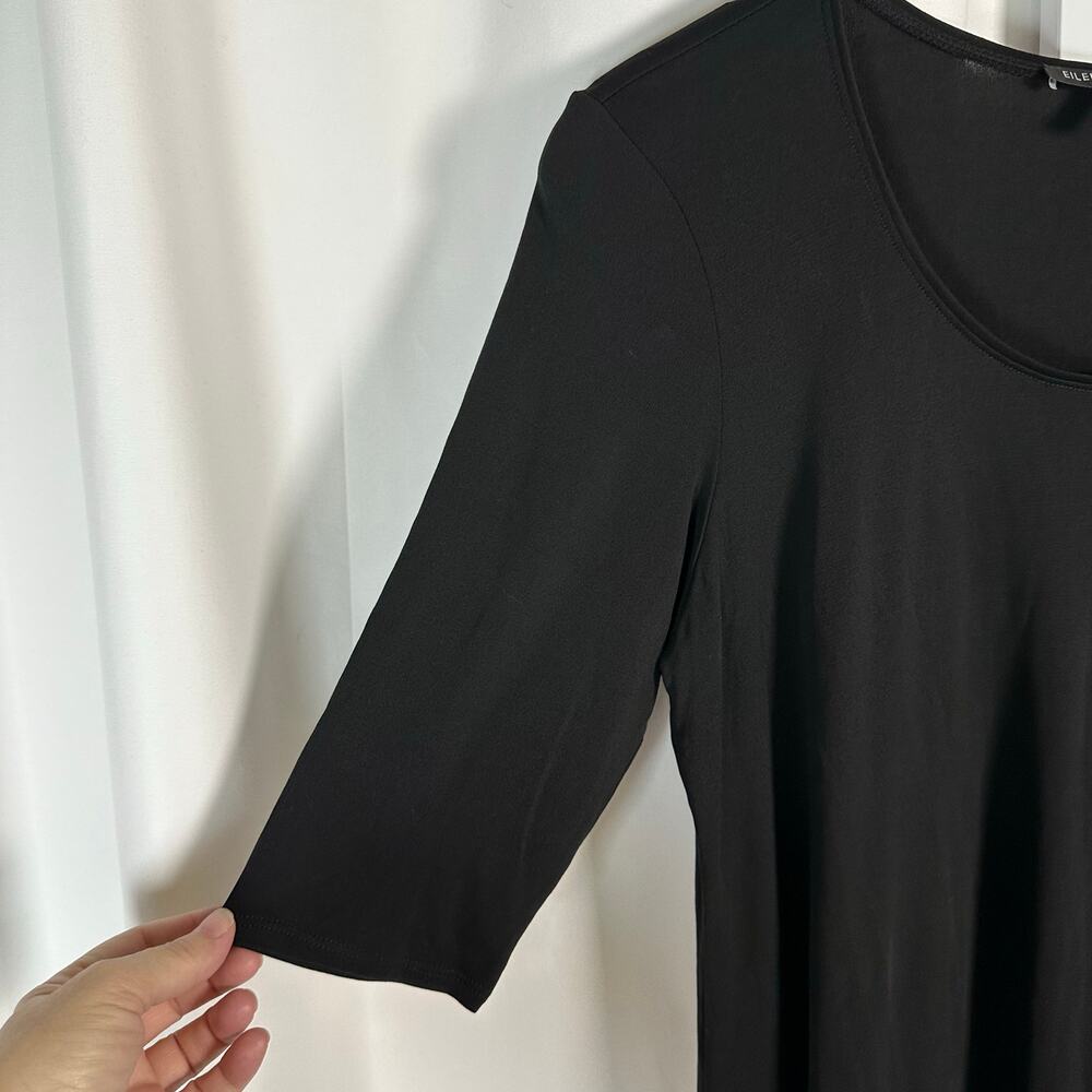 Eileen Fisher Black Stretch Silk Elbow Sleeve Tunic‎ Dress L Minimalist Capsule - Picture 3 of 8